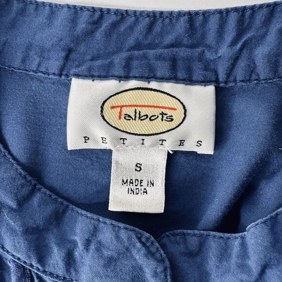Talbots Blue Pin Tuck Blouse Petite Sz S Button Up Shiny Buttons Mock Neck Women - Picture 4 of 13